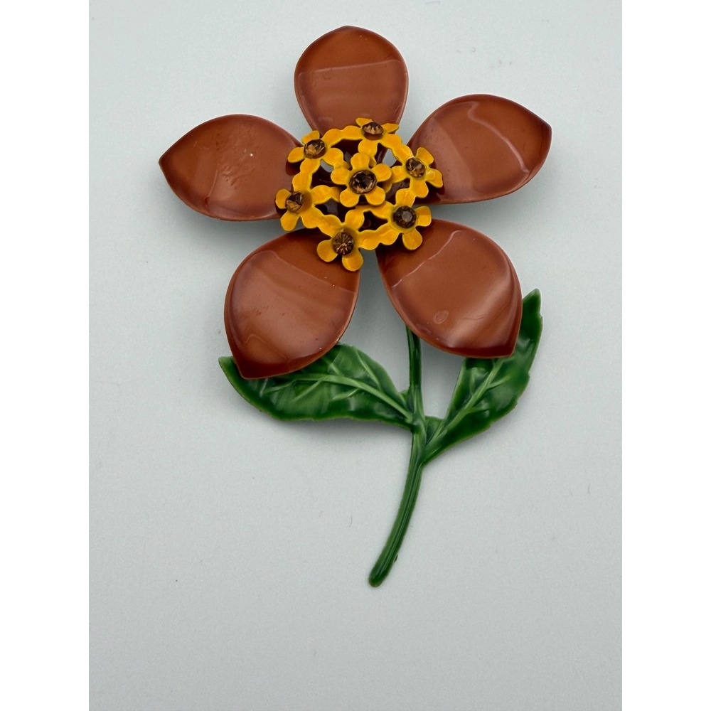 Vintage Enamel Flower Brooch Brown Yellow Floral Rhinestone Pin Retro Jewelry